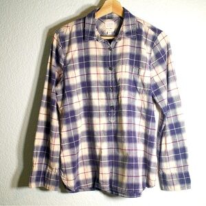 J Crew Flannel Shirt Women Small Blue Boy Fit Plaid Half Button Long Sleeve